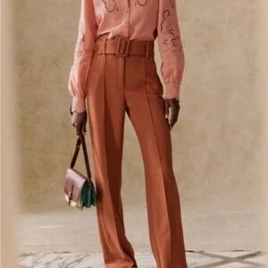 Sezane High-Waist Belted Lukas Wide-Leg Pants in Burnt Orange